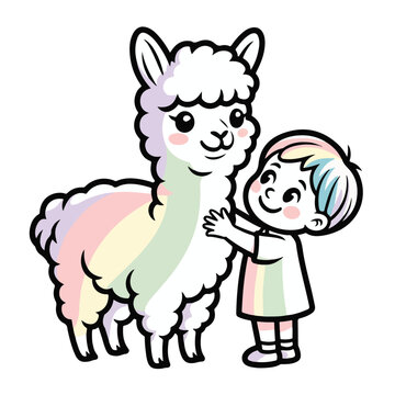 Happy Sheep and Child Rainbo Cartoon Illustration, Cute Farm Animal Design,Flat Vector Illustration, Cute Kids 