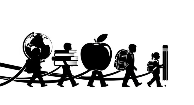 Silhouette of students walking with educational symbols representing the journey of learning.