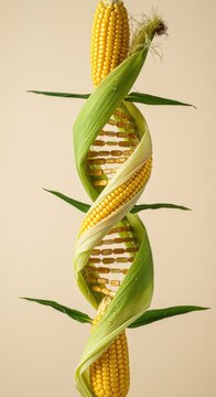 Corn cob engineered into a DNA double helix shape representing genetic modification and biotechnology in agriculture with copy space on a cream studio background