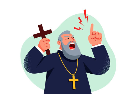 Angry Priest Shouting and Preaching with Cross Vector Illustration