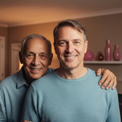 Obraz premium Elderly father and adult son smiling at camera in a warm home setting, portrait of multgenerational male bonding for family heritage and wellness campaigns