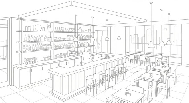 Sketch of a bar interior with tables and shelves.