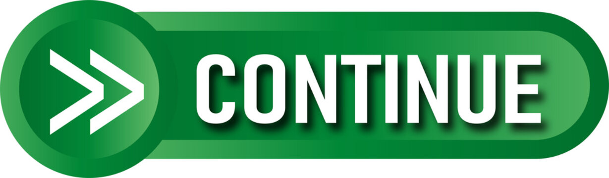 Green button with continue text for user interface navigation isolated on transparent background