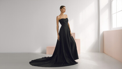 Naklejka premium A woman modeling a black wedding dress with a train standing in a bright room with pink steps