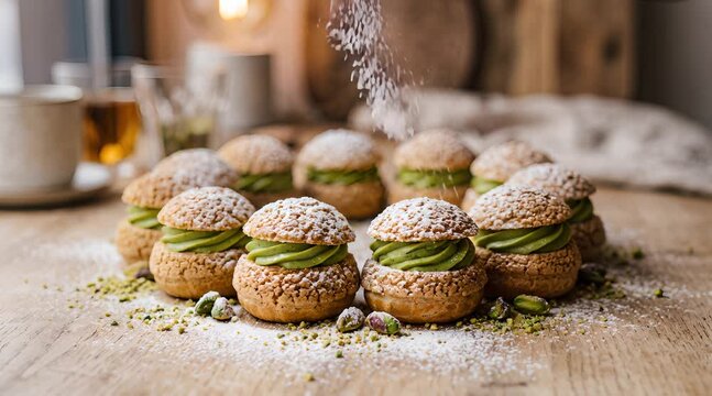 Powdered Sugar Falling On Profiteroles With Green Cream Filling Arranged On Wooden Surface With Cup In Soft Warm Lighting
