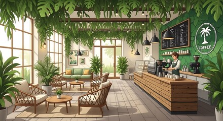 Fototapeta premium Modern cafe interior with green decor.