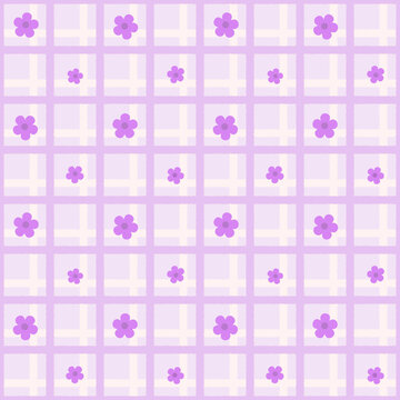 Cute lavender floral seamless pattern pastel purple gingham checkered background soft flower repeat