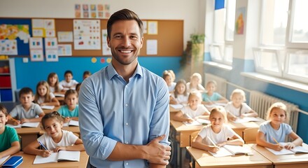 Fototapeta premium Smiling educator stands in a classroom filled with children at their desks, studying