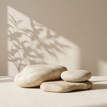 3D  minimalist stone podium for product display zen stones on the wooden background