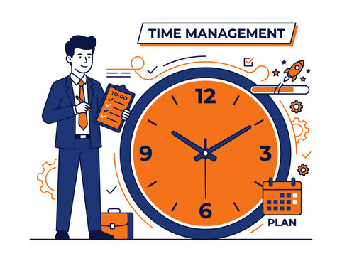 Businessman standing next to large clock with calendar and plan, time management concept in modern flat design style for productivity and organization