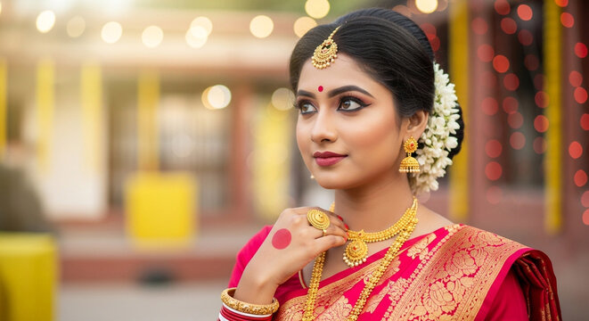 Indian woman wearing traditional red saree with gold jewelry and bindi traditional saree mangalsutra