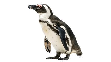 Penguin stands on a plain background looking to the side with its flippers by its sides and feet on the ground © Anatoli