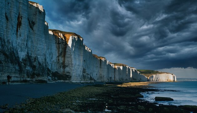 Dramatic White Cliffs of Dover Under Stormy Coastal Sky.
