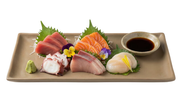 Assorted sashimi platter with tuna, salmon, octopus, hamachi, and scallops on a rectangular plate, garnished with flowers and herbs against a white