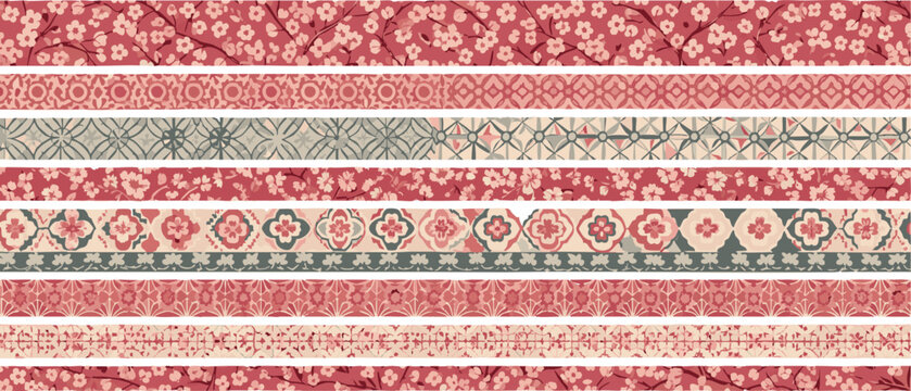 Set of Japanese Style Floral and Geometric Washi Tape Border Patterns