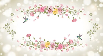 Obraz premium Floral frame with lilies, roses, carnations and hummingbirds