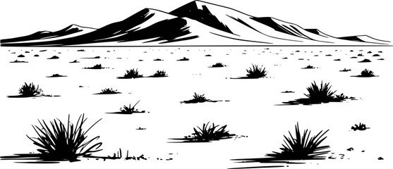 Black and white of a vast desert landscape with sparse vegetation and distant mountains © Sayeed