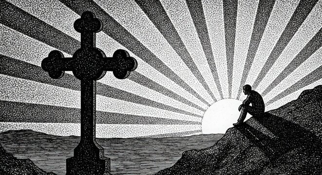 Monochrome Dot Matrix Graphic of Cross and Person at Sunrise
