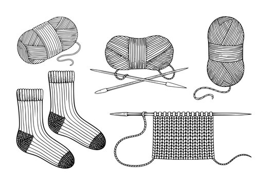 Hand-drawn knitting supplies: yarn balls, socks, and needlework white background