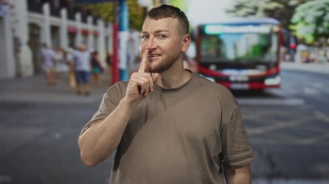 Young man finger to lips for silence on busy city street with red bus behind him and passing pedestrians; quiet secrecy.