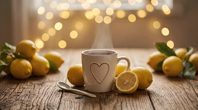 Still Life with Lemons and Steaming Cup of Tea on Wooden Table with Warm Bokeh Lights Behind at Window