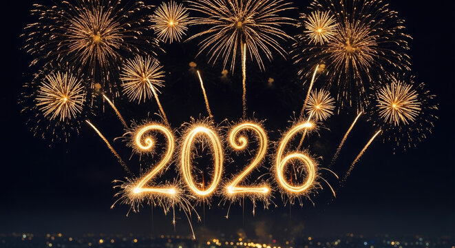 Fireworks exploding in the night sky with the year 2026 written in sparkling lights