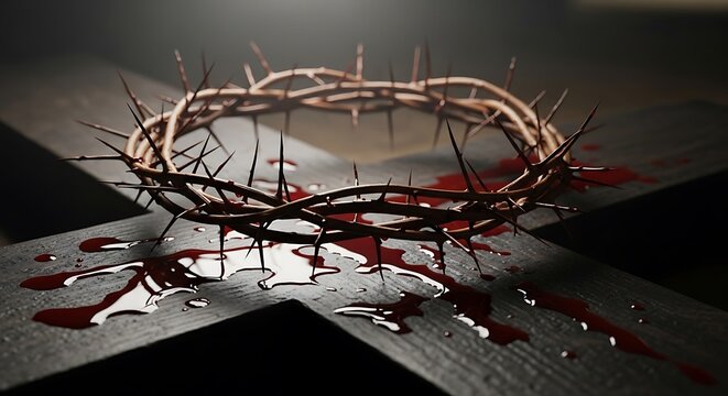 Thorn crown with drops of blood rests on a dark wooden cross against a dimly lit background