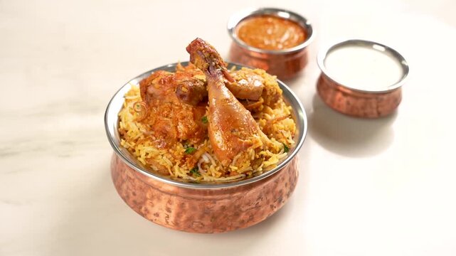 Hyderabadi Chicken Dum Biryani with Raita and Salad in Copper Pot &ndash; Authentic Indian Meal