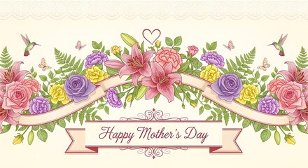 Fototapeta premium Happy mothers day banner with flowers, ribbon, and hummingbirds