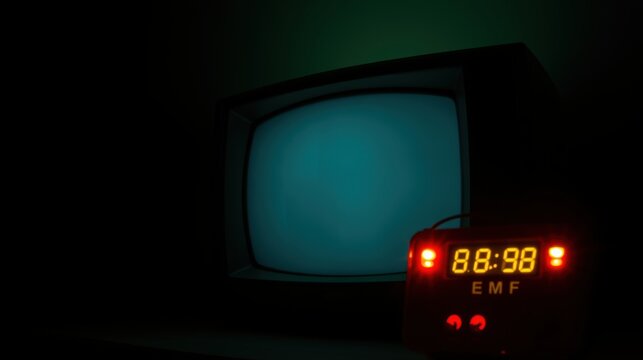 Dark room features old television displaying static. Red digital clock reads 88998, emf reader visible below. Spooky atmosphere.