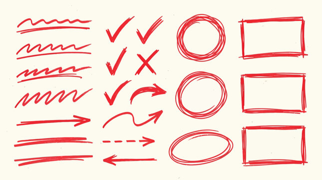 Hand drawn pen line highlight red set. Line red hand drawn pen marker stroke underline, arrow, check mark emphasis. Round oval, circle scribble frame, arrow elements . Vector illustration