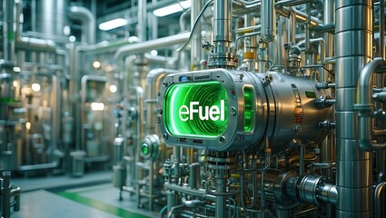 Fototapeta premium Futuristic industrial eFuel reactor facility with neon green energy, renewable technology, photorealistic 8K cinematic lighting, detailed machinery, corporate sustainability concept, copy space availa
