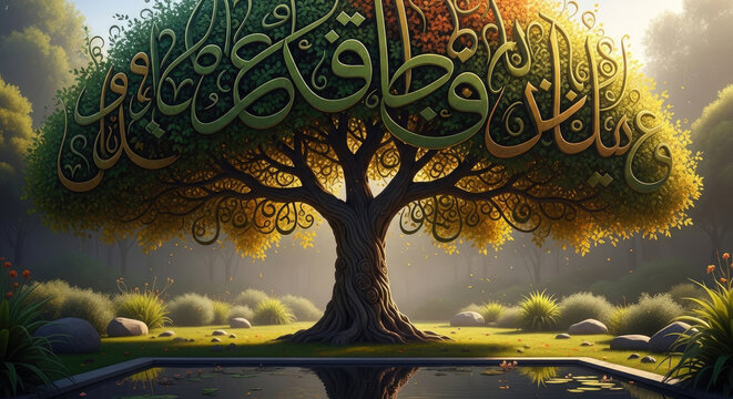 A large tree with ornate Arabic calligraphy in its canopy, reflecting on water.