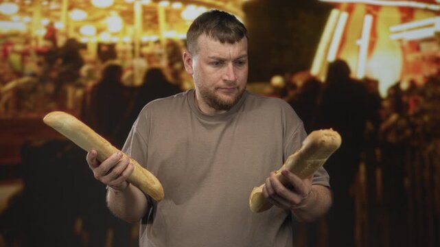 Man holding two baguettes with both hands at a street fair at night, inspecting breads; uncertainty.
