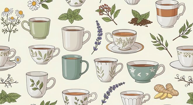 Assorted Tea Cups and Herbal Ingredients Pattern Illustration.