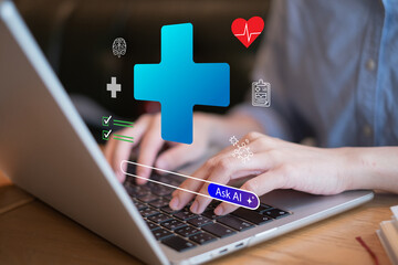 Person using laptop talking AI Artificial intelligence chatbot healthcare analysis assistant...