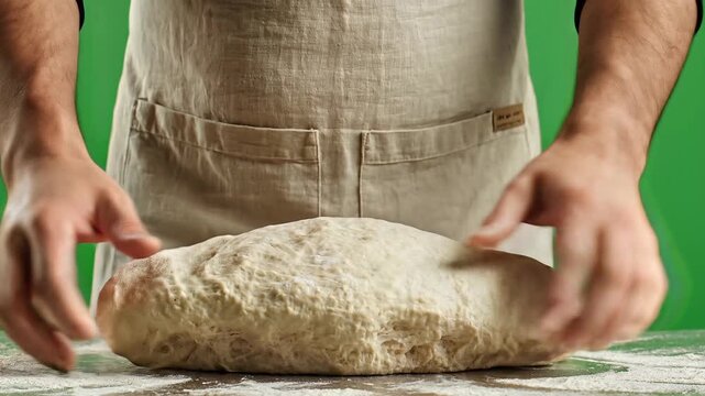 Baker kneading rustic bread dough on floured table.