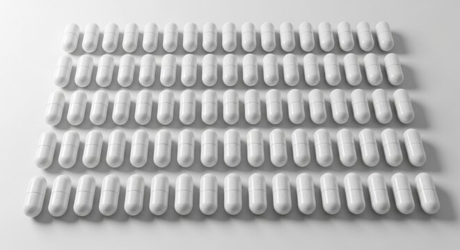 Rows of white plastic rectangular pill organizers arranged neatly on a light background