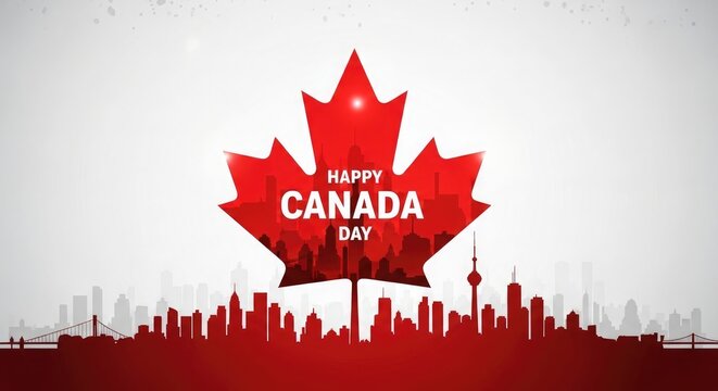 Happy canada day celebration with toronto skyline and maple leaf