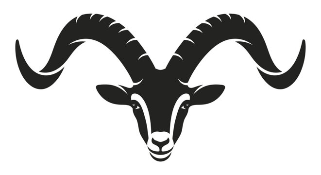 Black goat head with long horns.