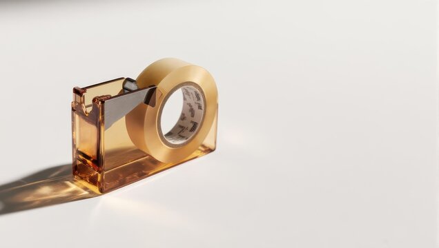 Tape dispenser with clear tape on white background.