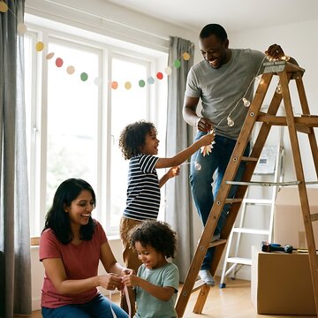 Happy family decorating their new home together stringing lights and garlands in a bright room.