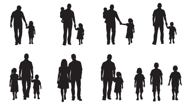 Black silhouettes of parents and kids walking together in various poses and sizes