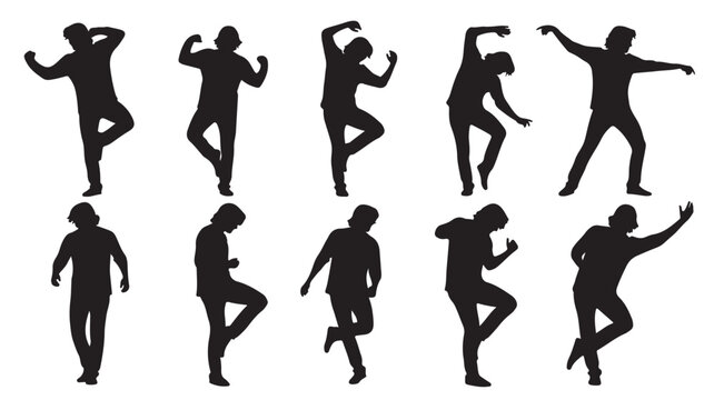 Vector illustration of ten dancing silhouettes in various poses and movements