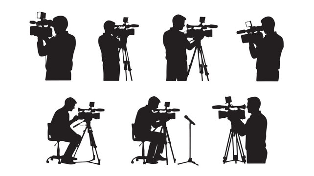 Silhouette illustration of seven cameramen in various positions and settings operating video cameras