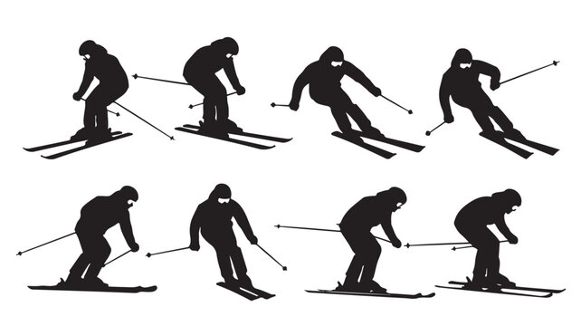 Eight black silhouette illustrations of skiers in various positions on a white background