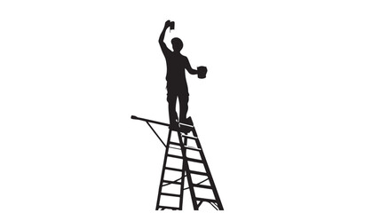 Naklejka premium Silhouette of a man standing on a ladder holding a phone and a mug