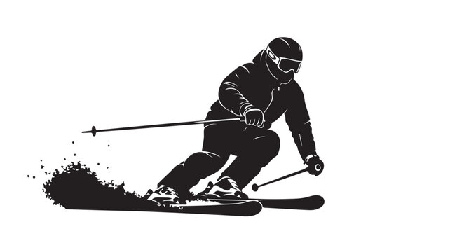 Black and white vector illustration of a skier in action on snow