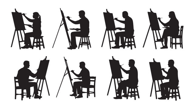Silhouette vector graphics of artists painting on easels in various creative poses and positions