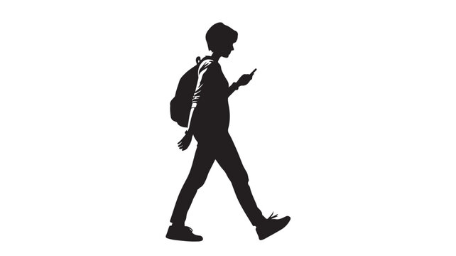 Vector graphic illustration of a walking boy with a backpack looking at his smartphone